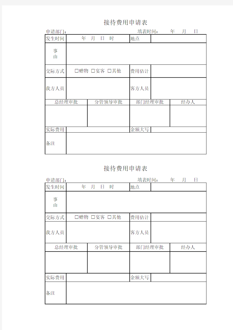 接待费用申请表