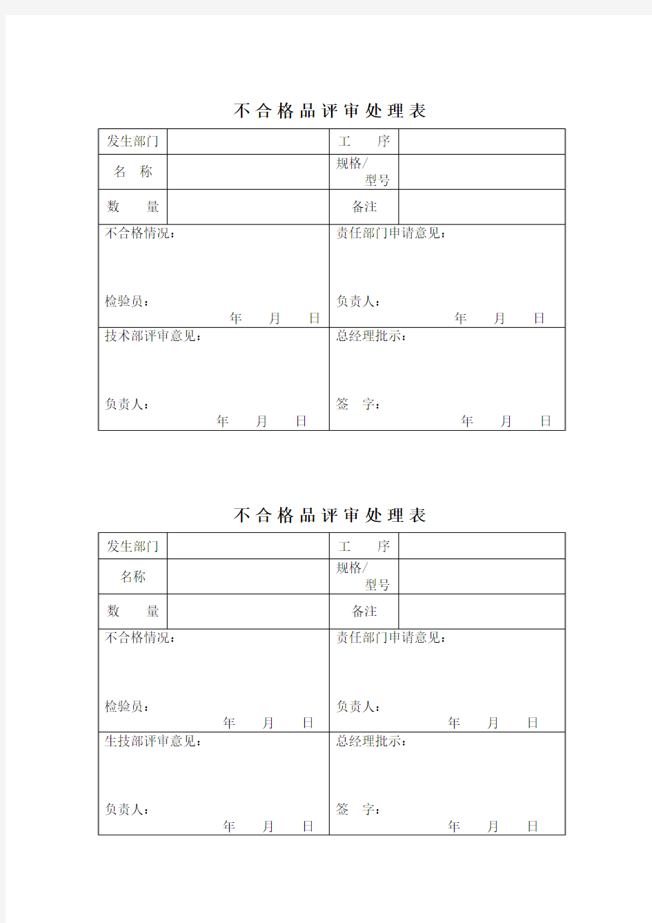 不合格品评审处理表及返工、返修、报废记录