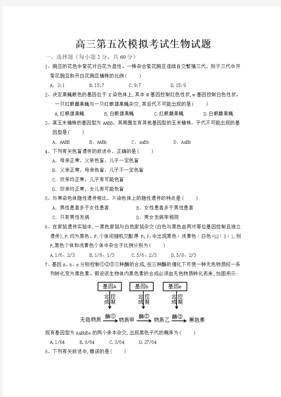 高三第五次模拟考试