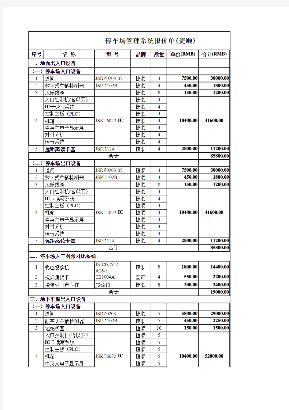 停车场、门禁设备报价清单