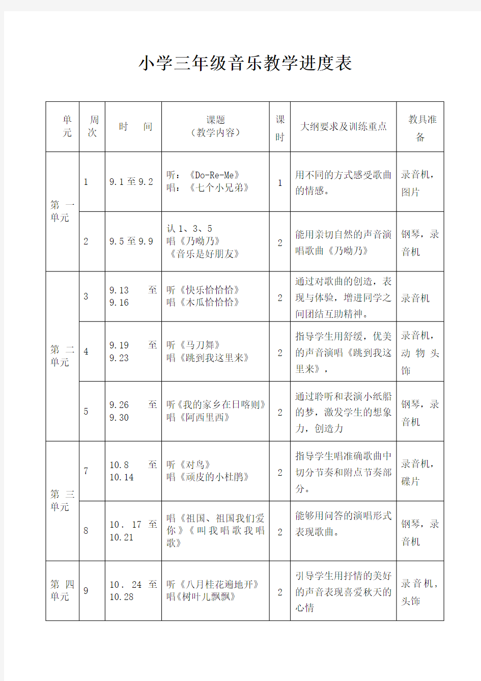 小学三年级上册音乐教学进度表