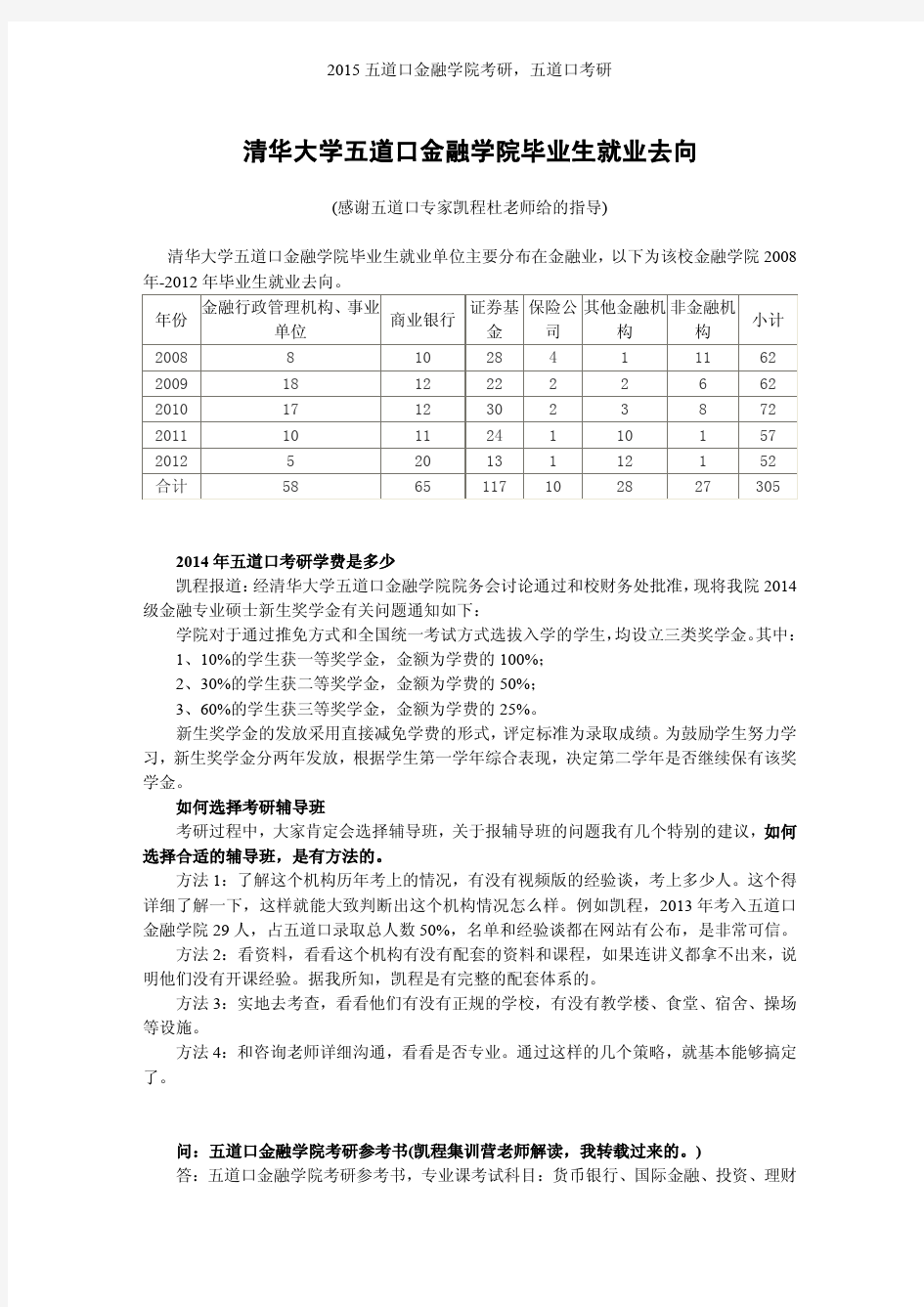 清华大学五道口金融学院毕业生就业去向