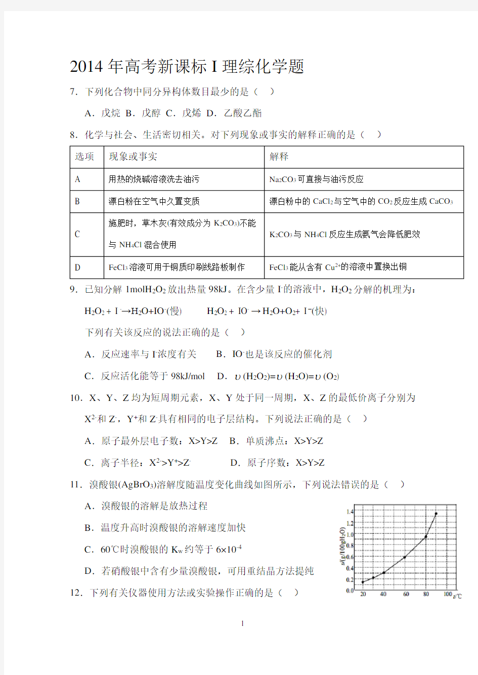 2014年化学高考新课标1卷及答案