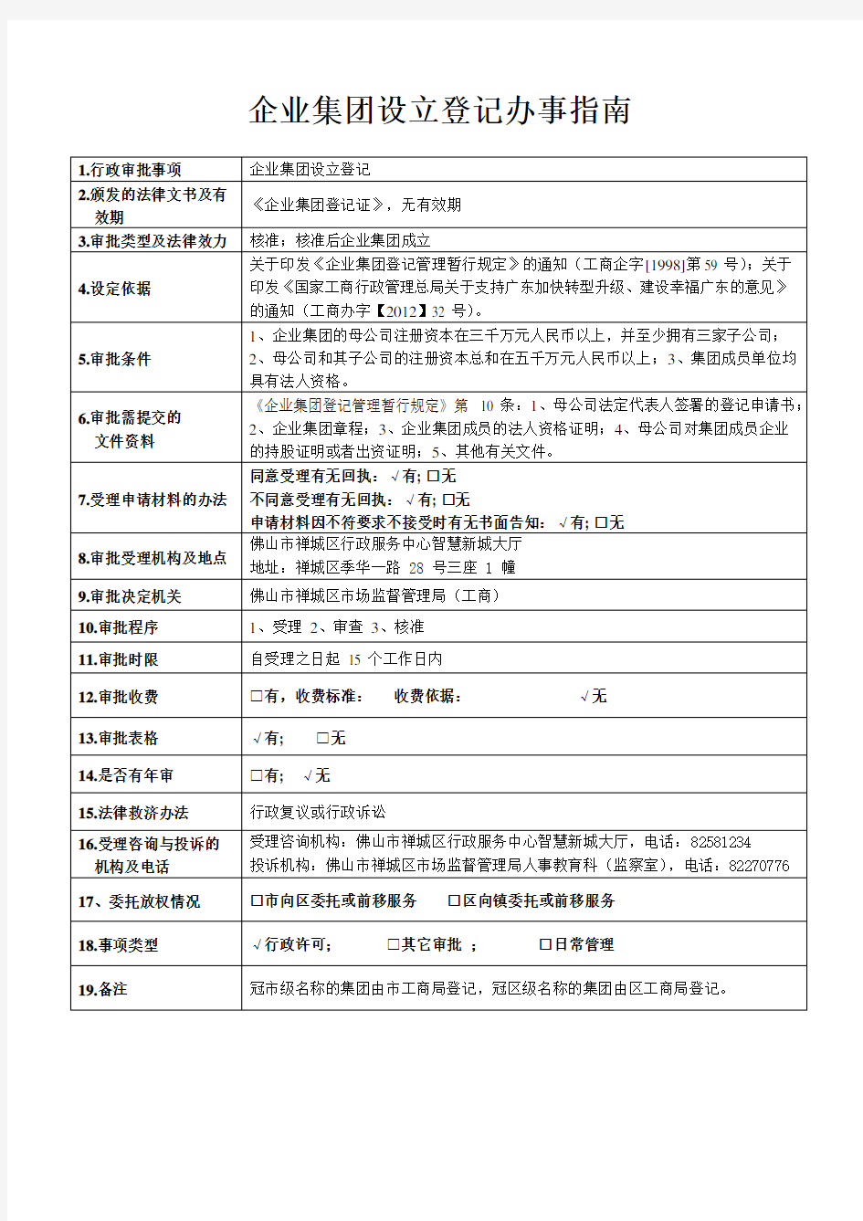 企业集团设立登记办事