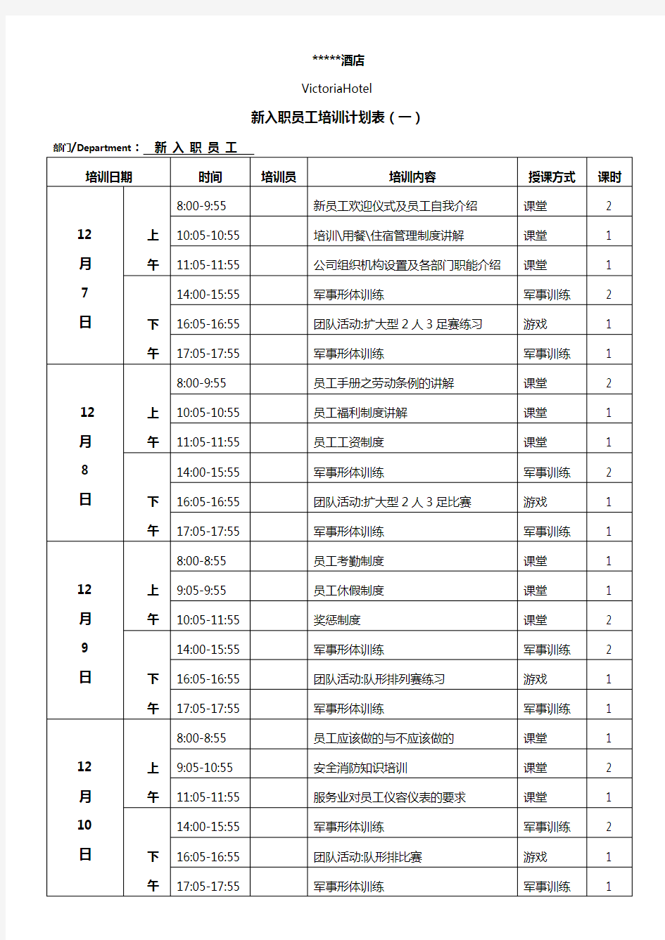 酒店筹备新入职员工培训计划表