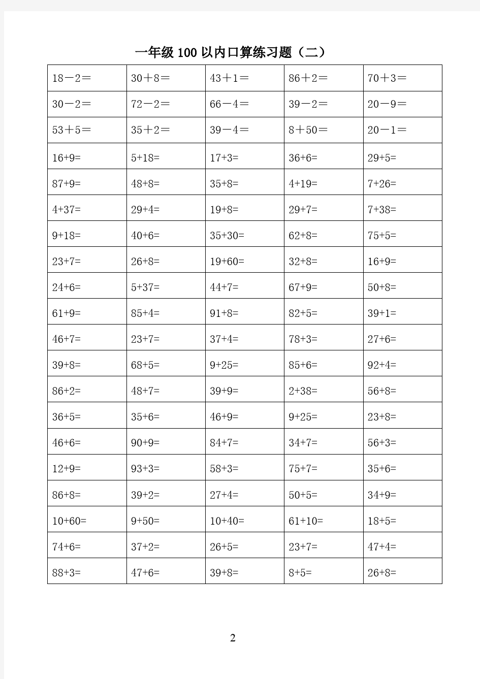 一年级下册100以内加减法口算练习题400题