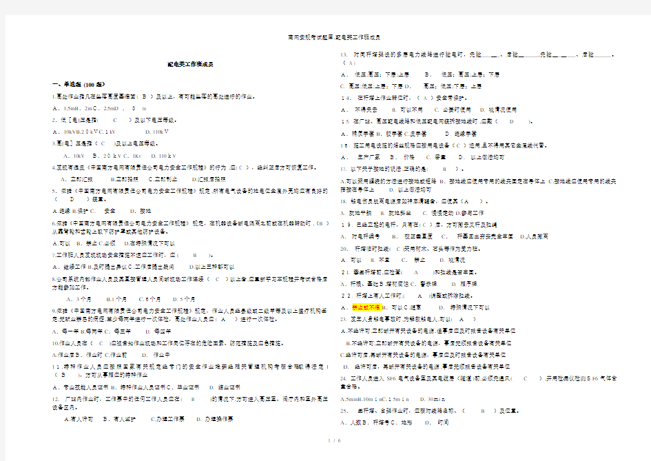 南网安规考试题库,配电类工作班成员