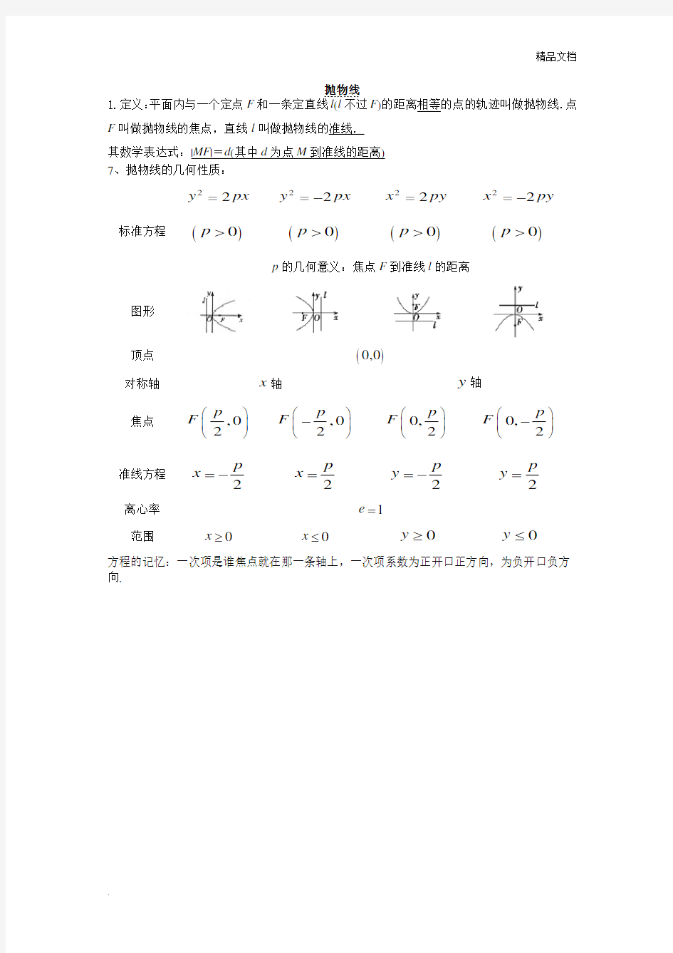 抛物线知识点总结汇总