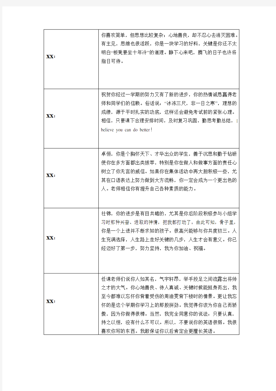 优秀班主任的学生评语