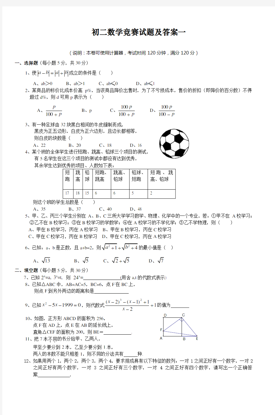 初二数学竞赛试题及答案一