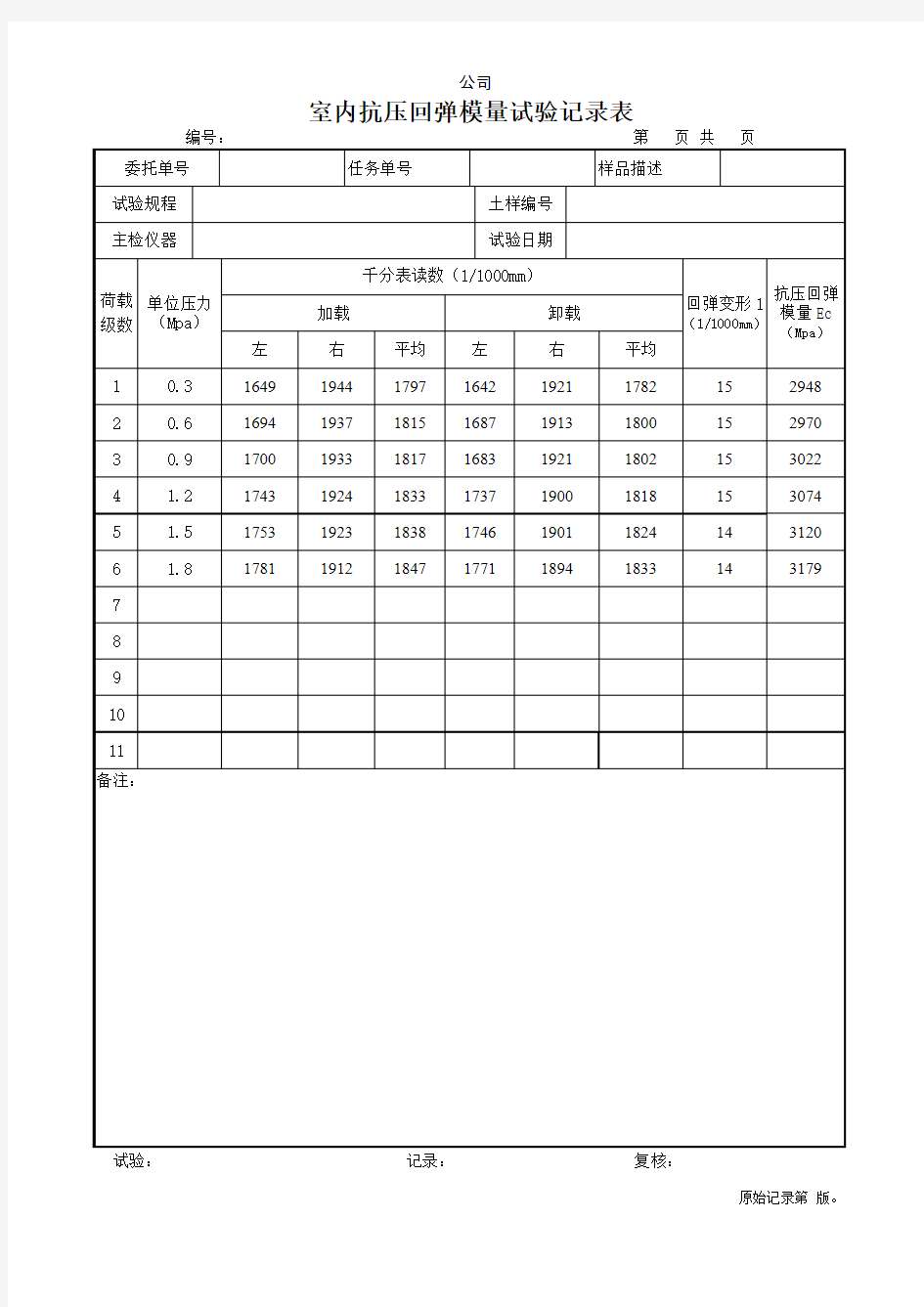 室内抗压回弹模量试验原始记录