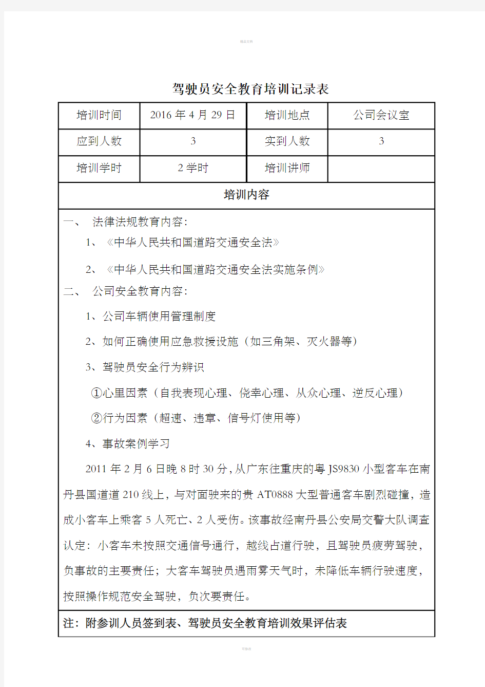 驾驶员安全教育培训记录表