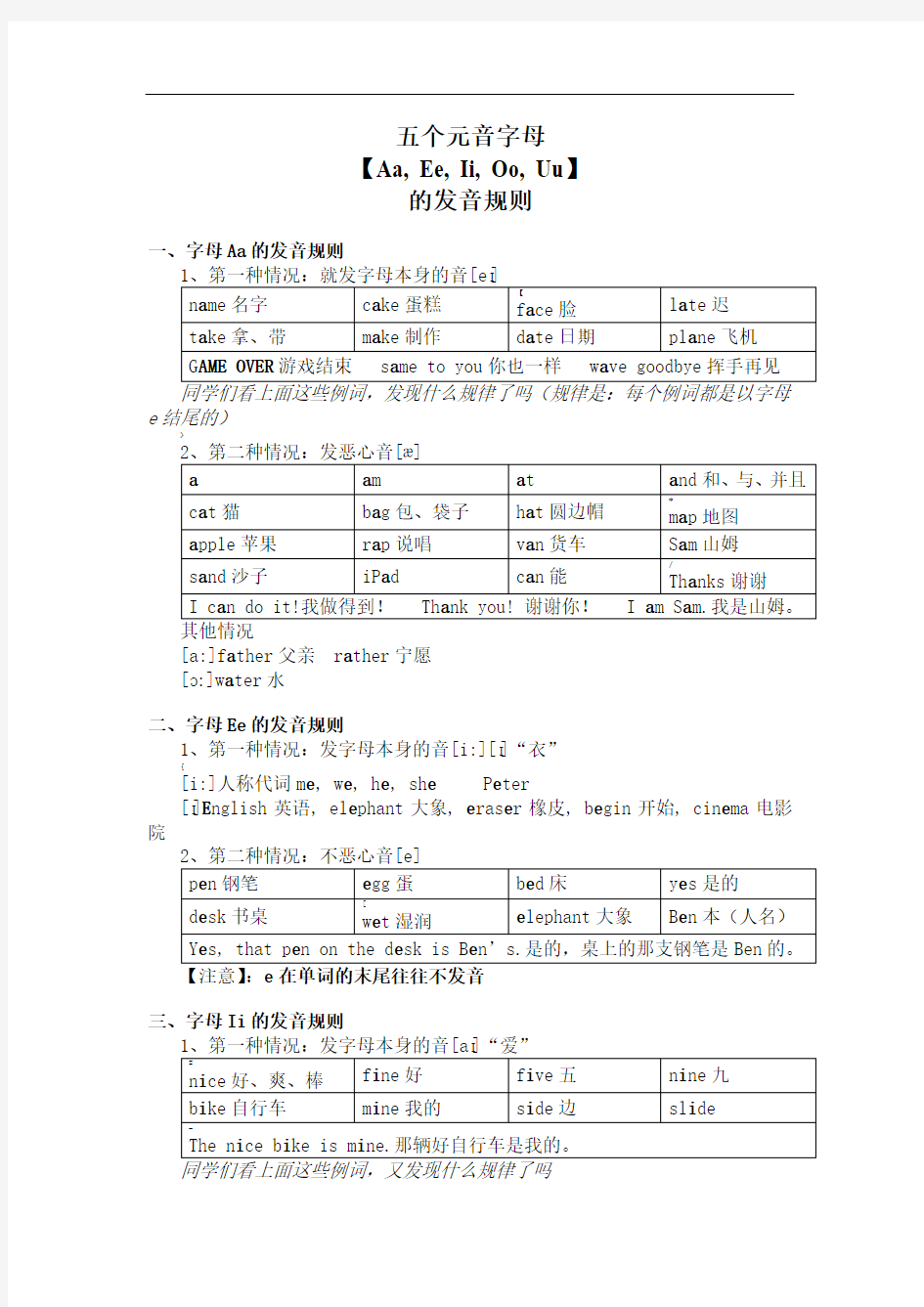 英语中五个元音字母的发音规则