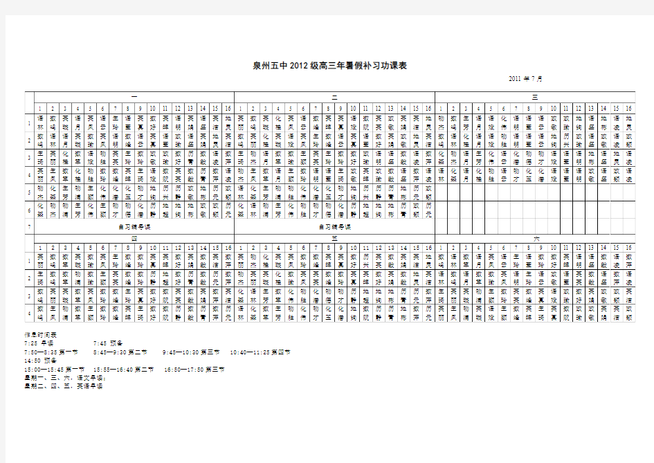 泉州五中2012级高三年暑假补习功课表