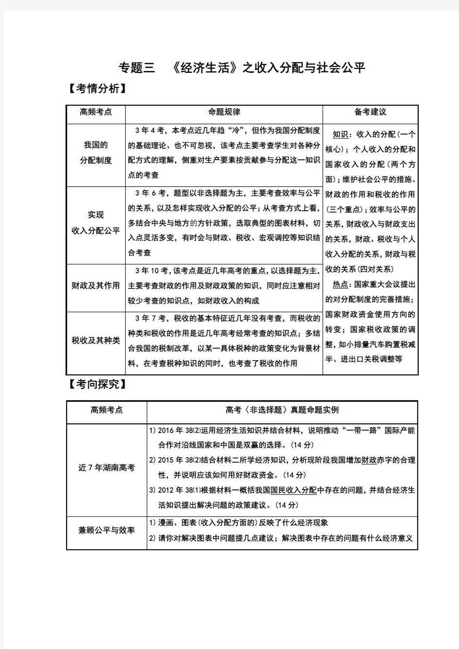 2018届高考政治主观题冲刺：专题三 收入分配与社会公平