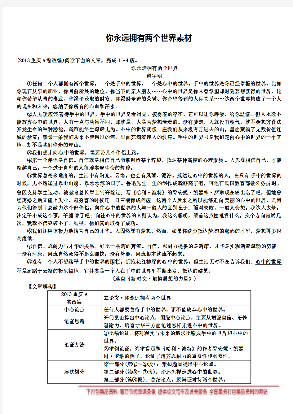 中考语文试题研究素材专题三议论文阅读你永远拥有两个世界素材