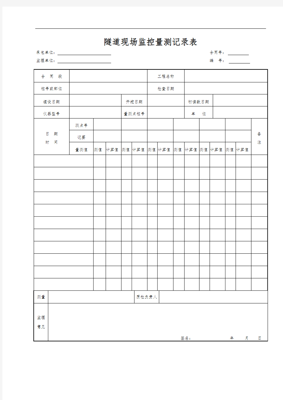 隧道现场监控量测记录表