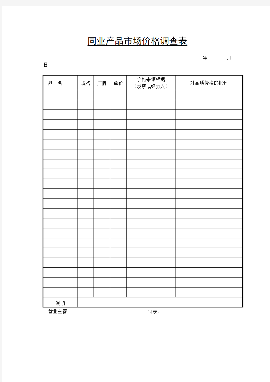 同业产品市场价格调查表word表格模板