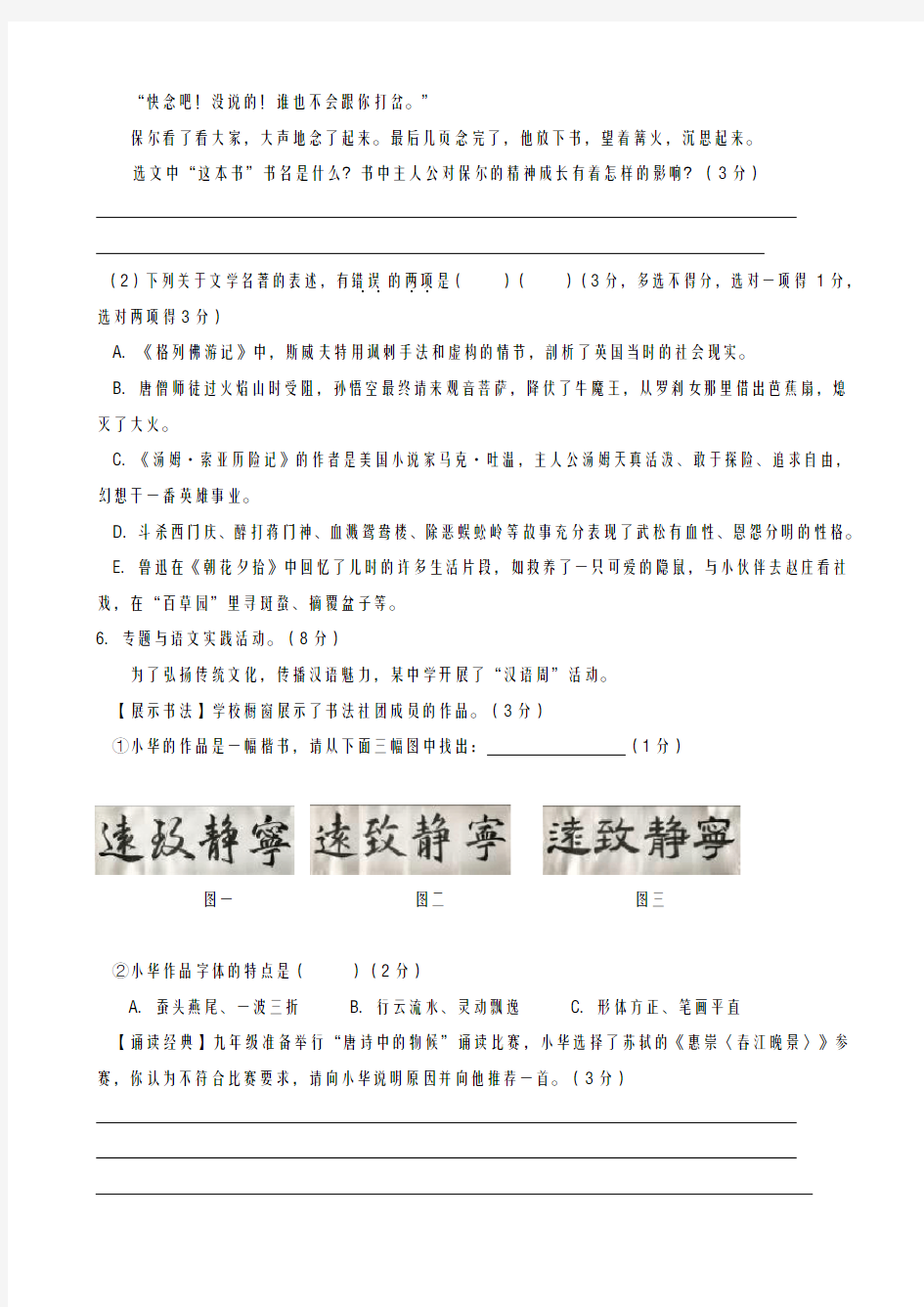 2020-2021学年江苏省泰州市中考适应性训练语文试题(二)