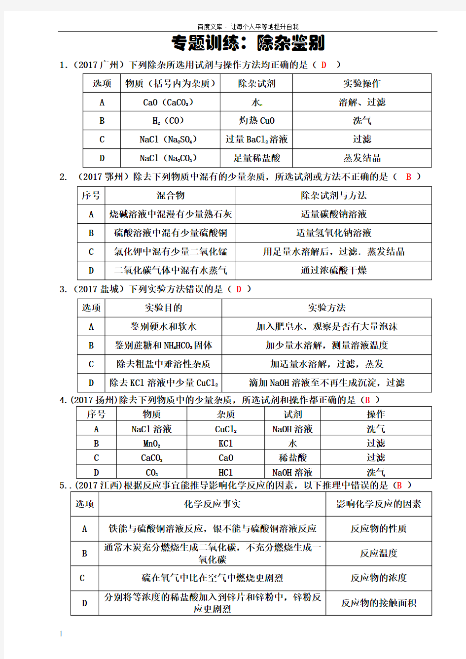 2017年中考化学试题汇编专题除杂鉴别