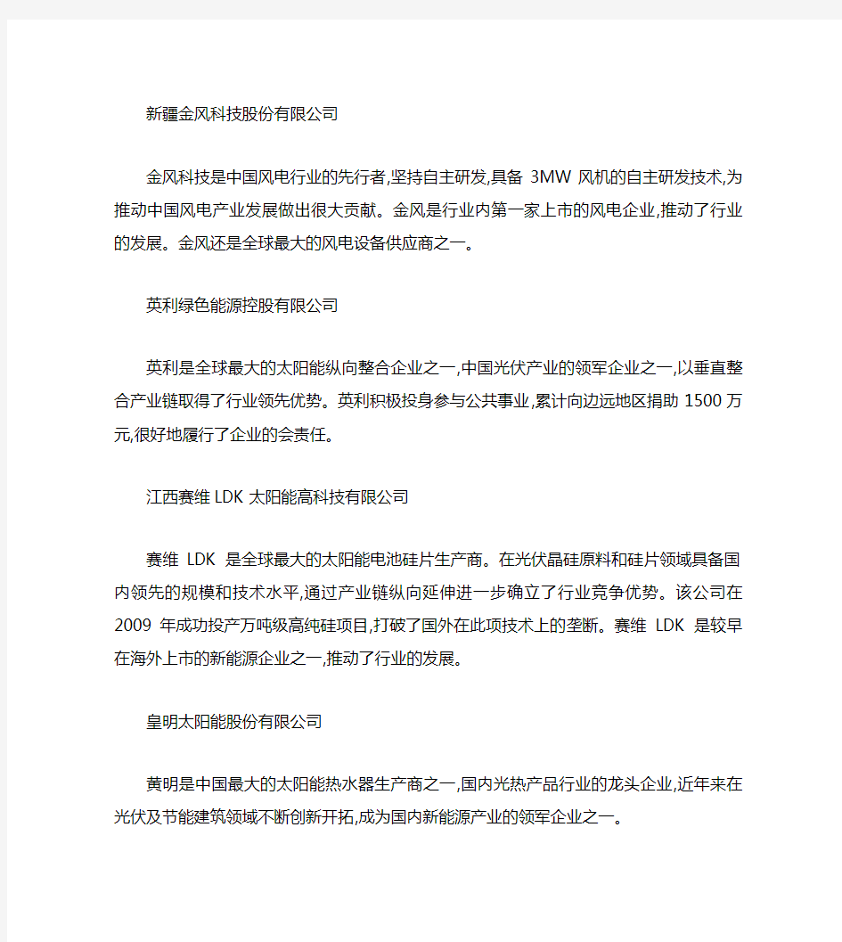 2010年中国新能源企业30强企业名单