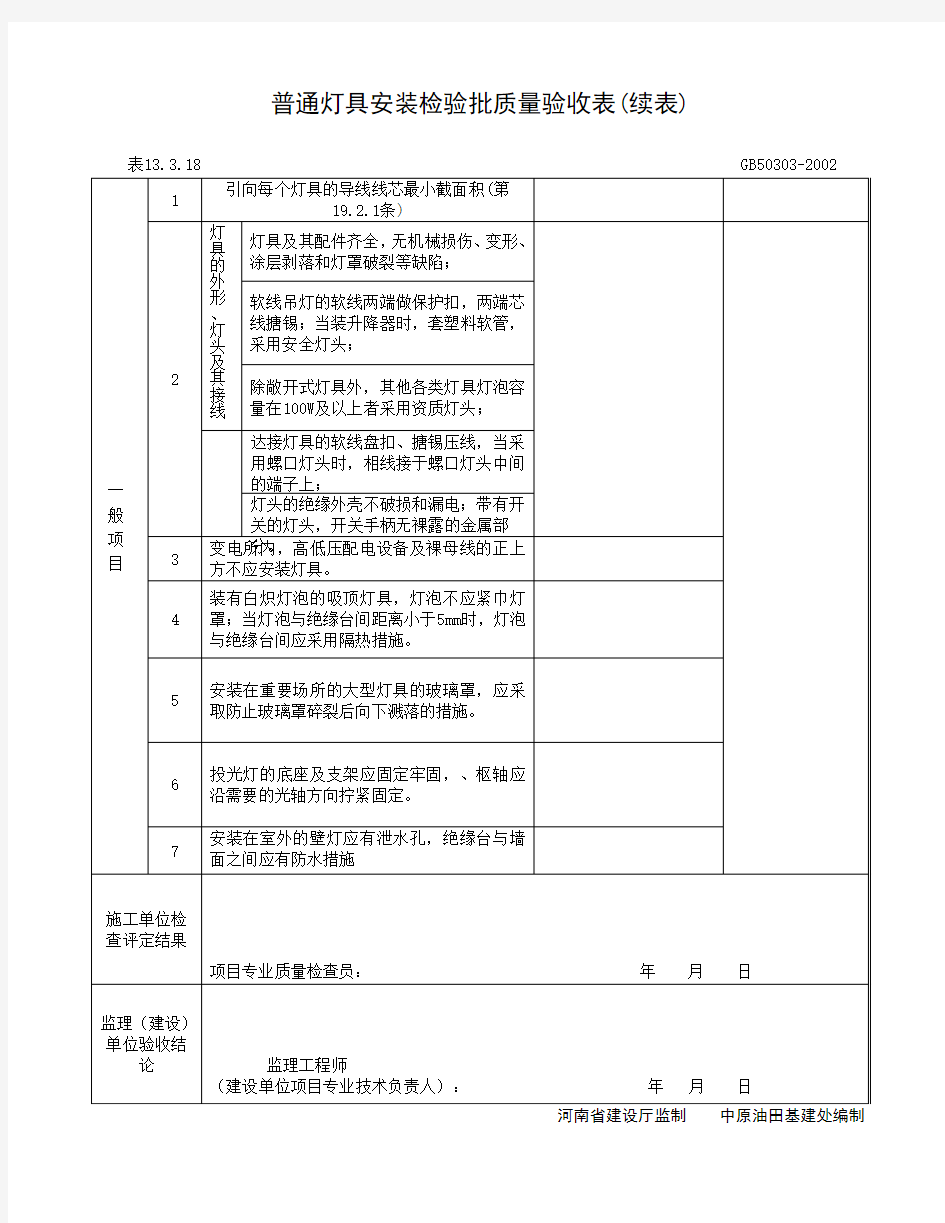 普通灯具安装检验批质量验收表