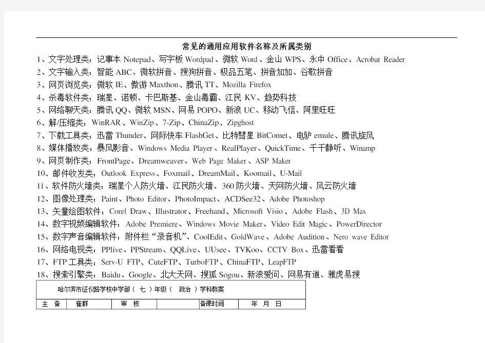 最新常见的通用应用软件名称及所属类别电子教案