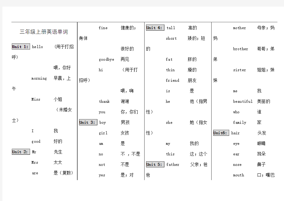 上教版三年级上册英语单词