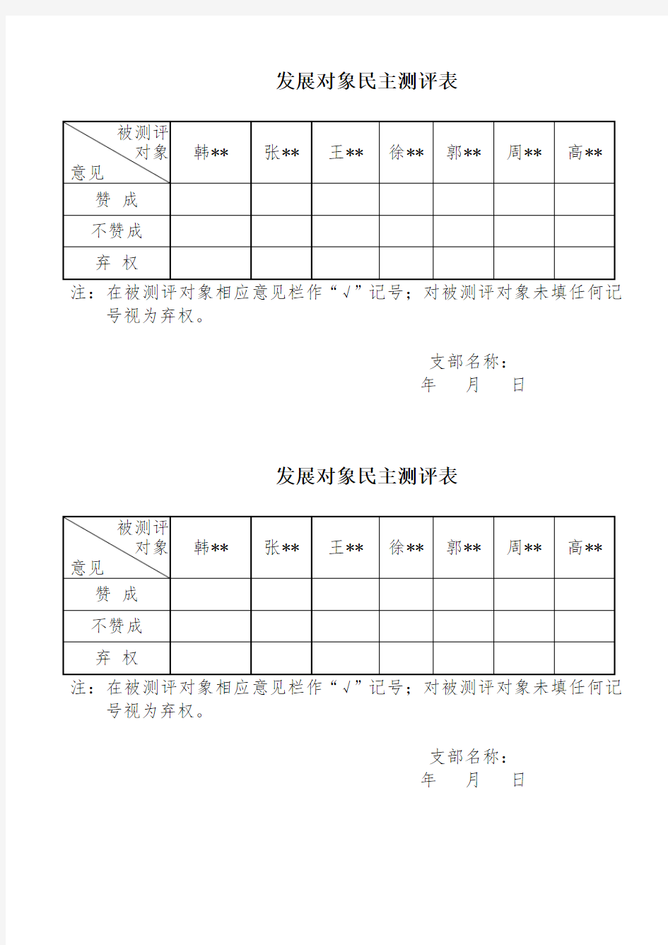 发展对象民主测评表(票)