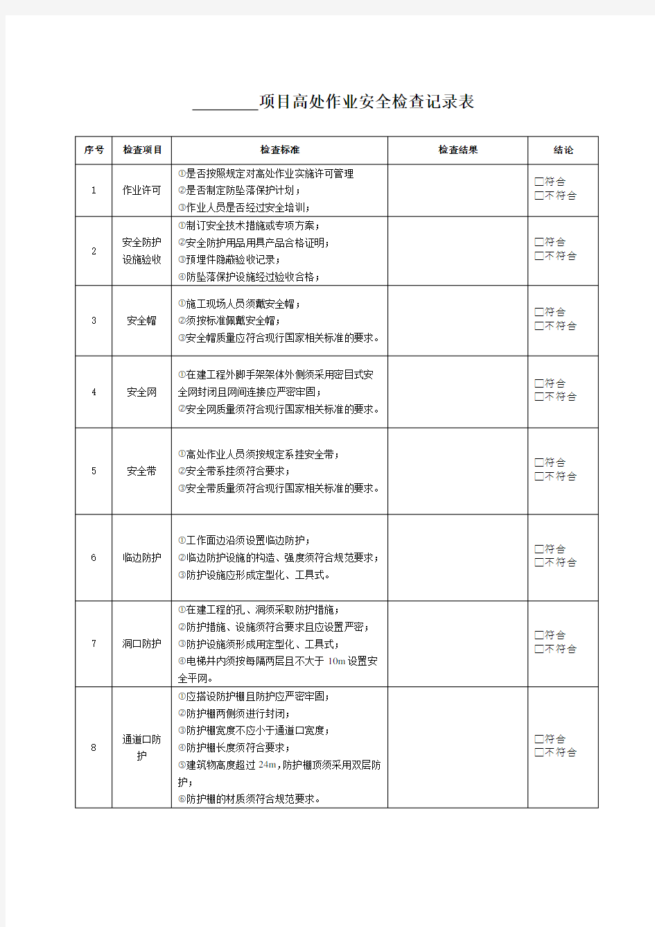 高处作业安全检查表