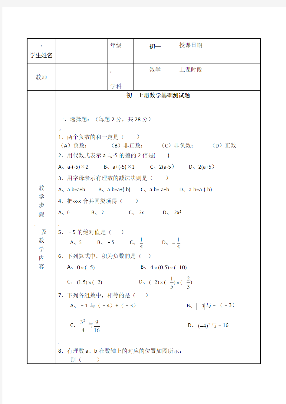 初一数学上册基础测试题