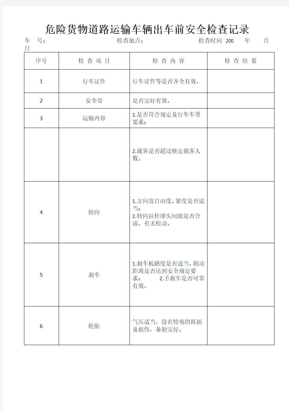 危险货物道路运输车辆出车前安全检查记录表