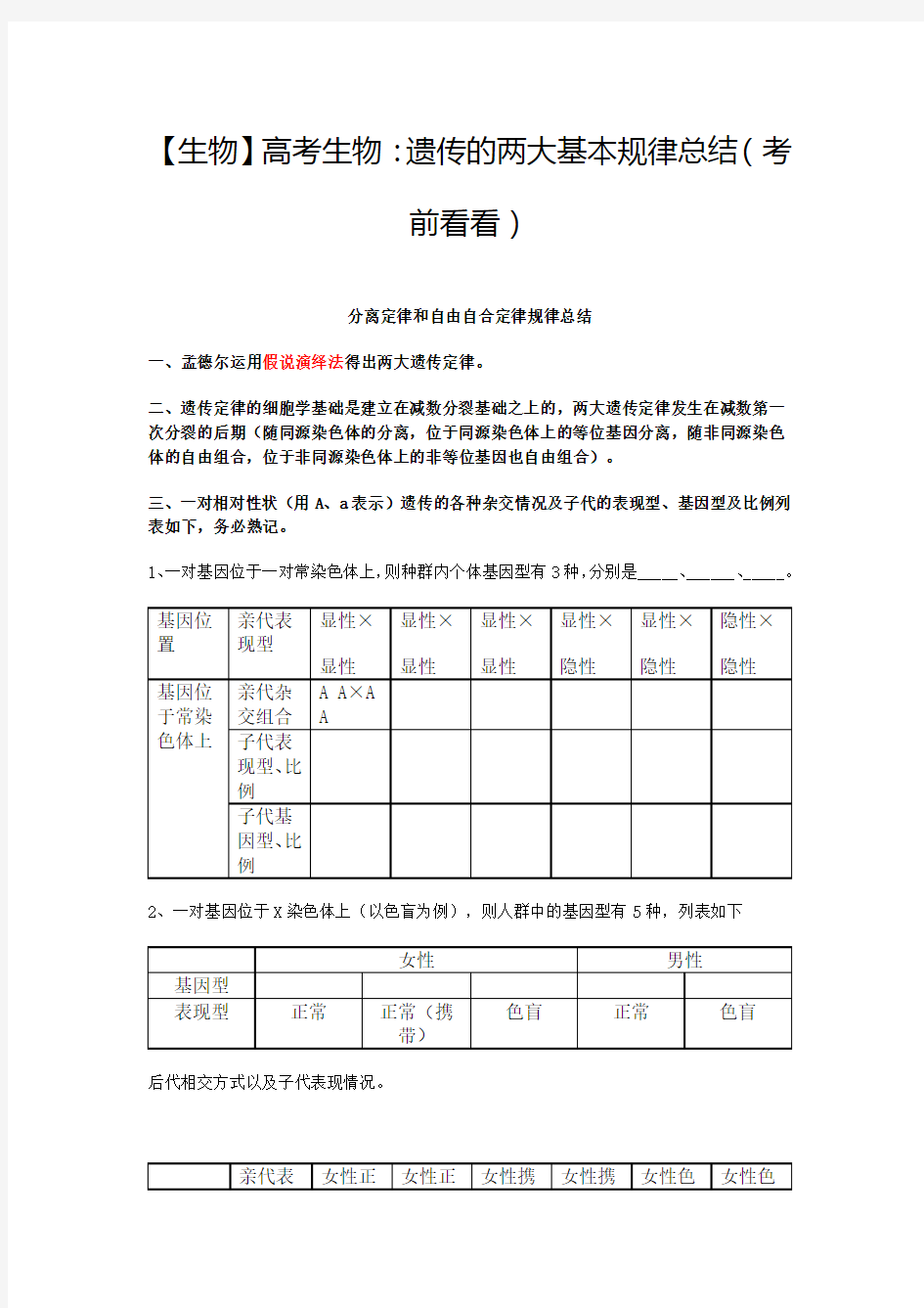 生物高考生物：遗传的两大基本规律总结(考前看看)