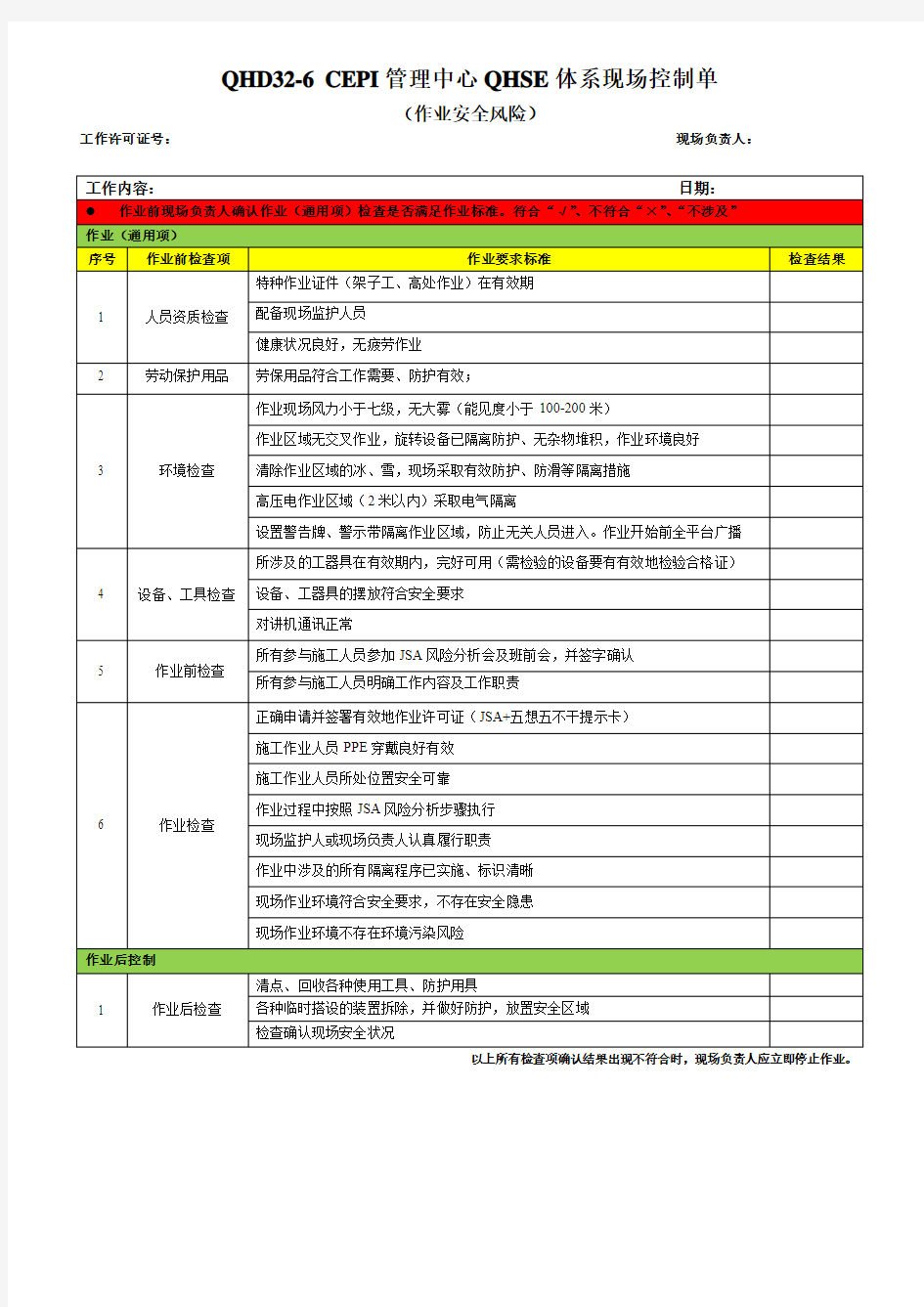 作业安全风险控制单(A1版)