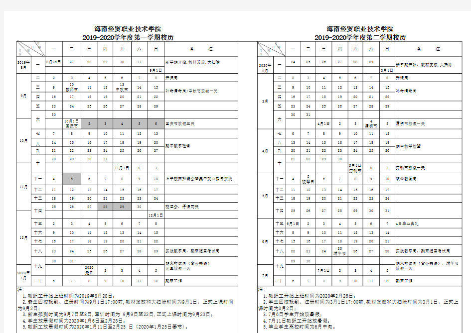 海南经贸职业技术学院2019-2020学年度校历