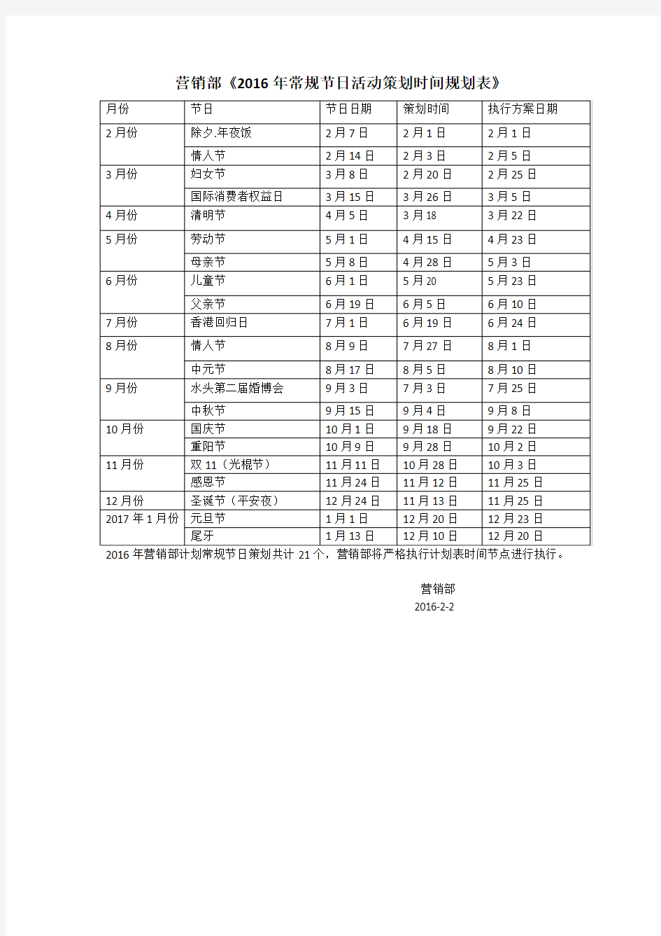 全年日常节日活动策划时间规划表