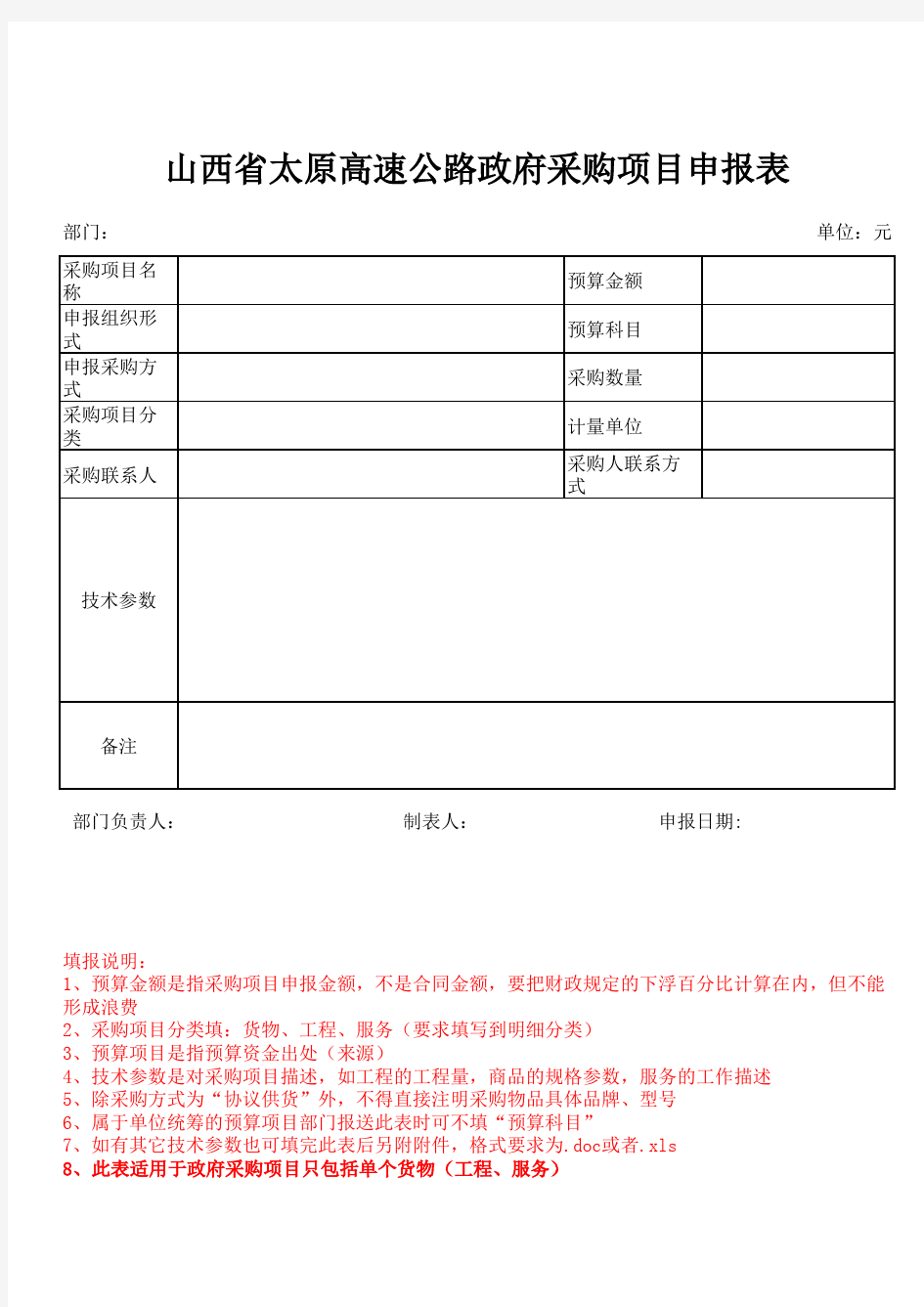 政府采购项目申报表