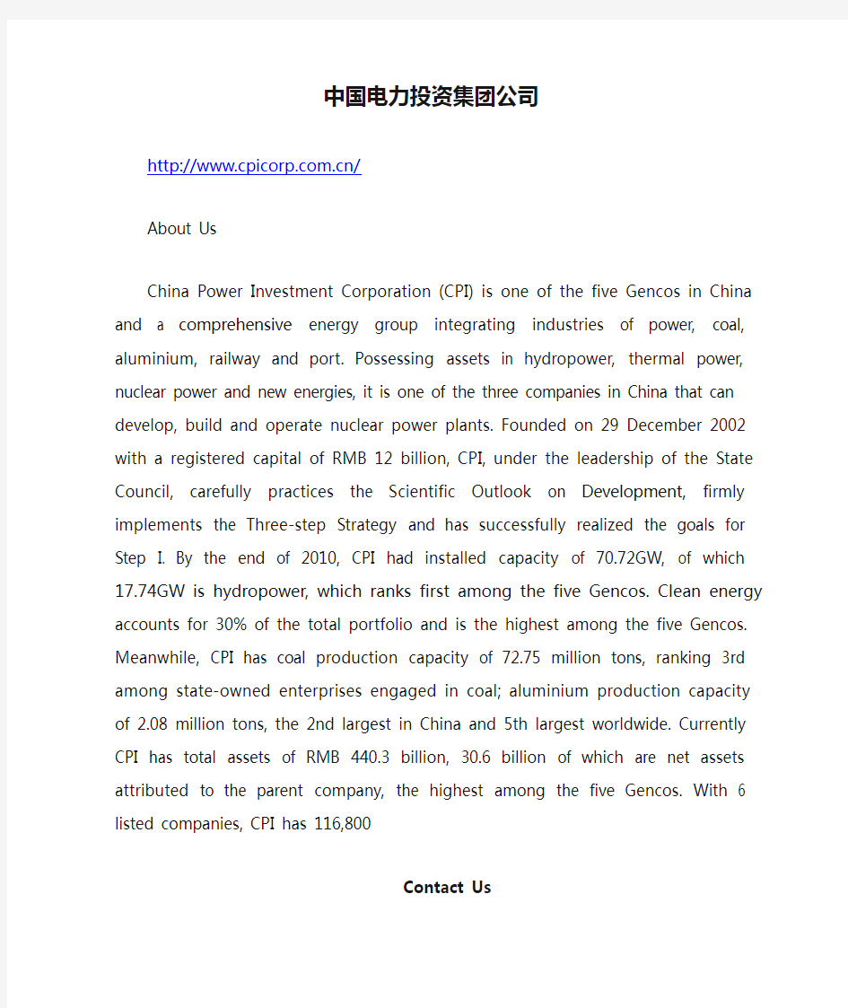 CHINA POWER INVESTMENT CORPORATION 中国电力投资集团公司