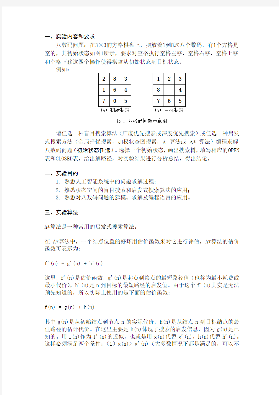 八数码问题C语言A星算法详细实验报告含代码