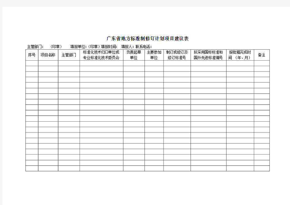 广东省地方标准制修订计划项目建议表