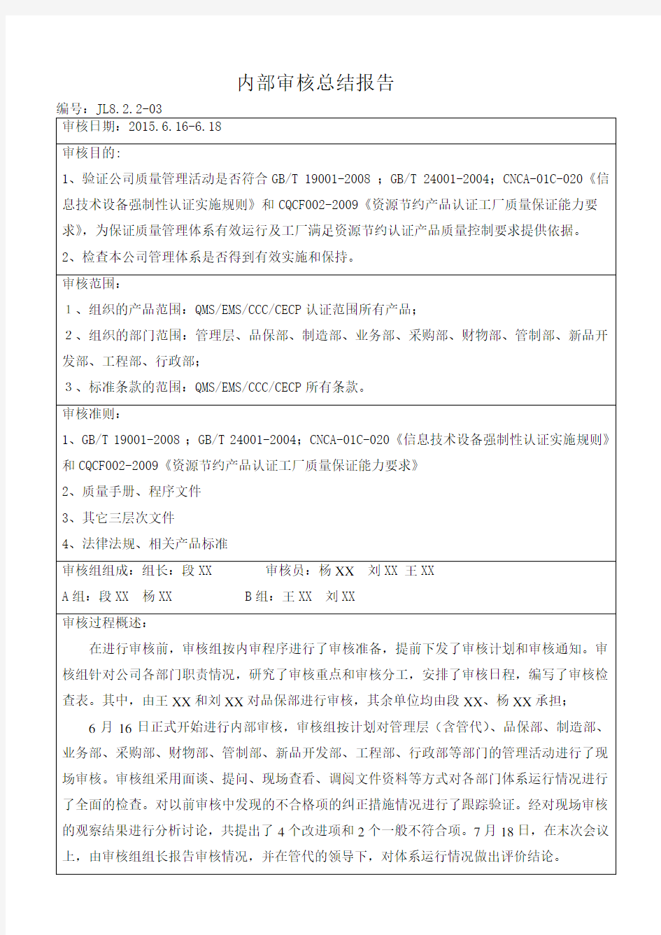 2015内部审核总结报告