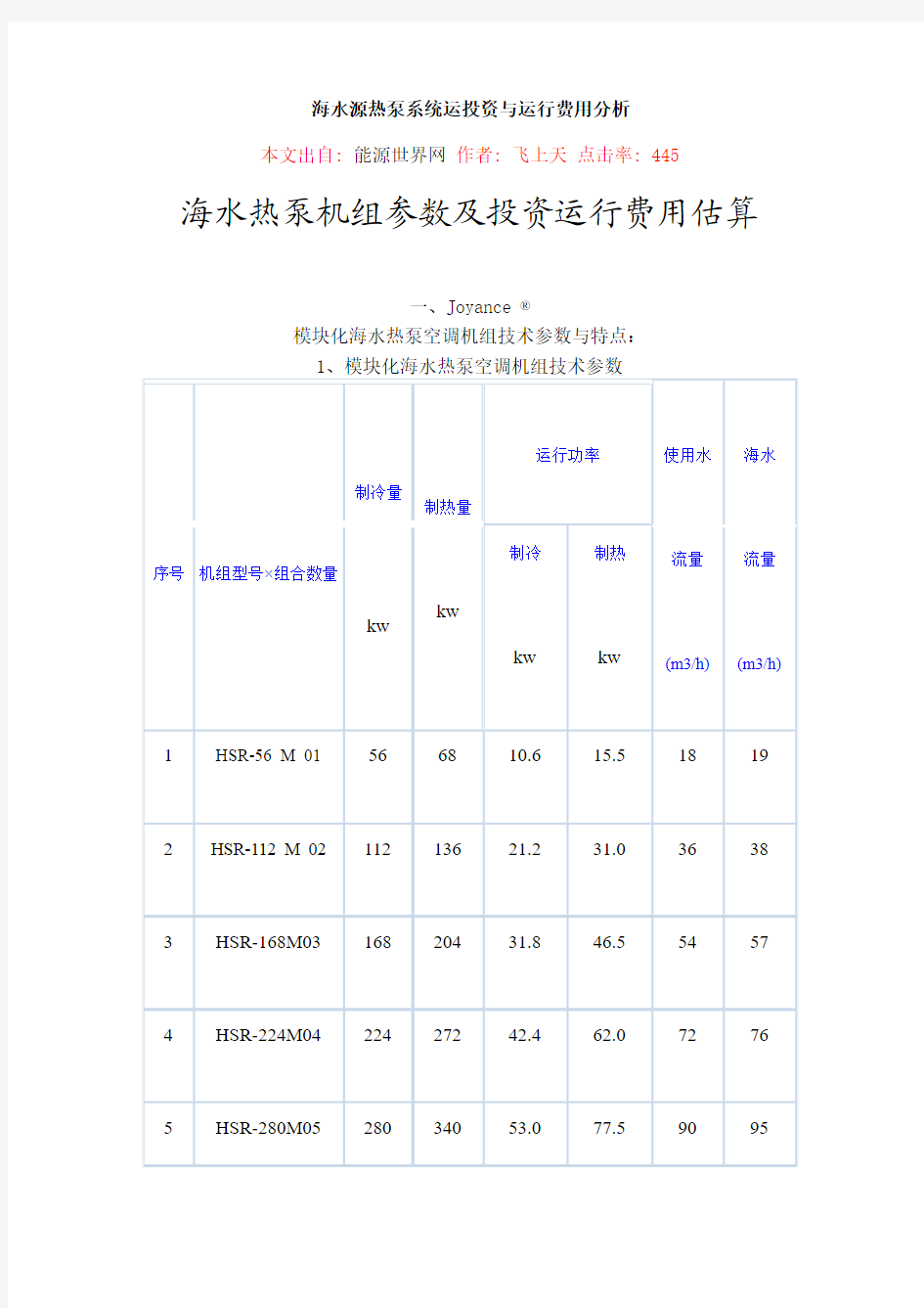 海水源热泵系统运投资与运行费用分析