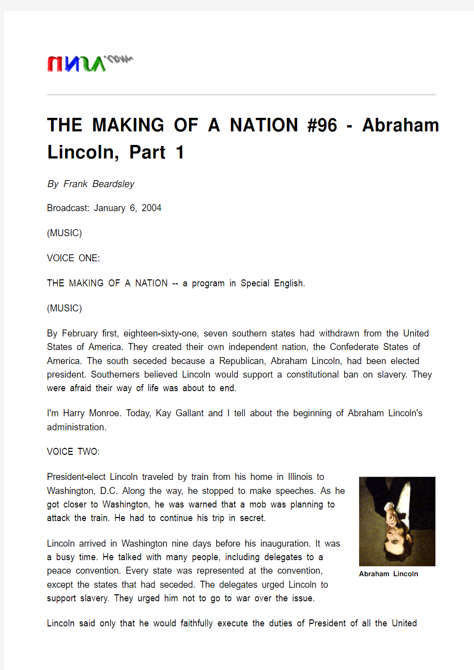 THE MAKING OF A NATION #096 - Abraham Lincoln, Part 1