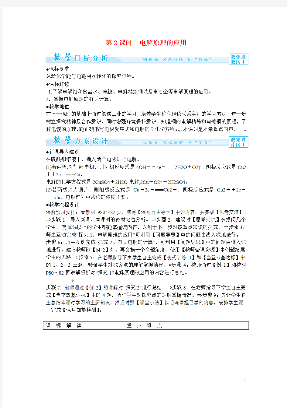 电解原理的应用教案 新人教版选修4