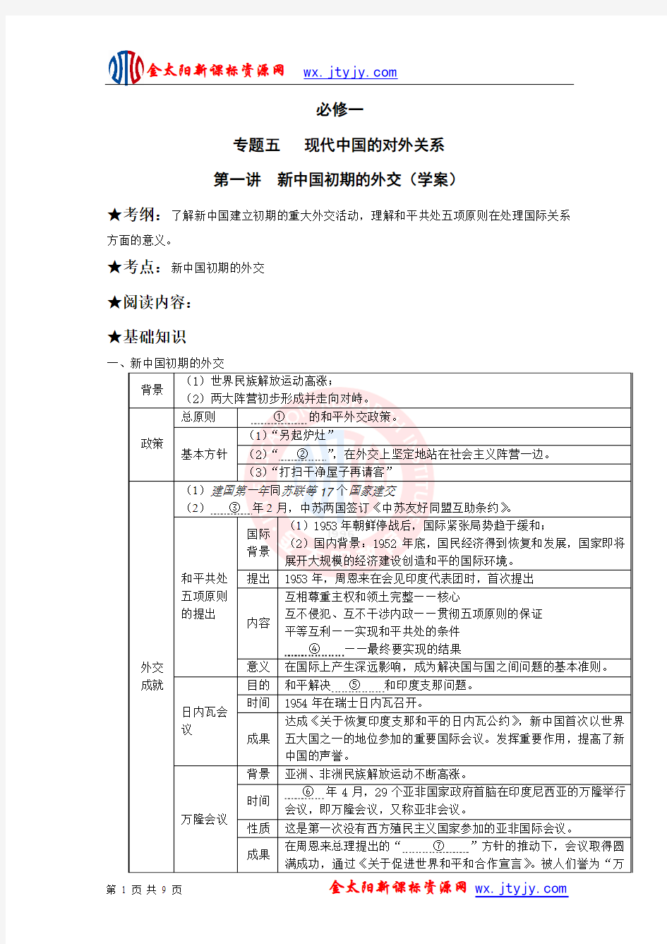 浙江省镇海中学2013届高三历史一轮复习学案：专题5 现代中国的对外关系(人民版必修1)