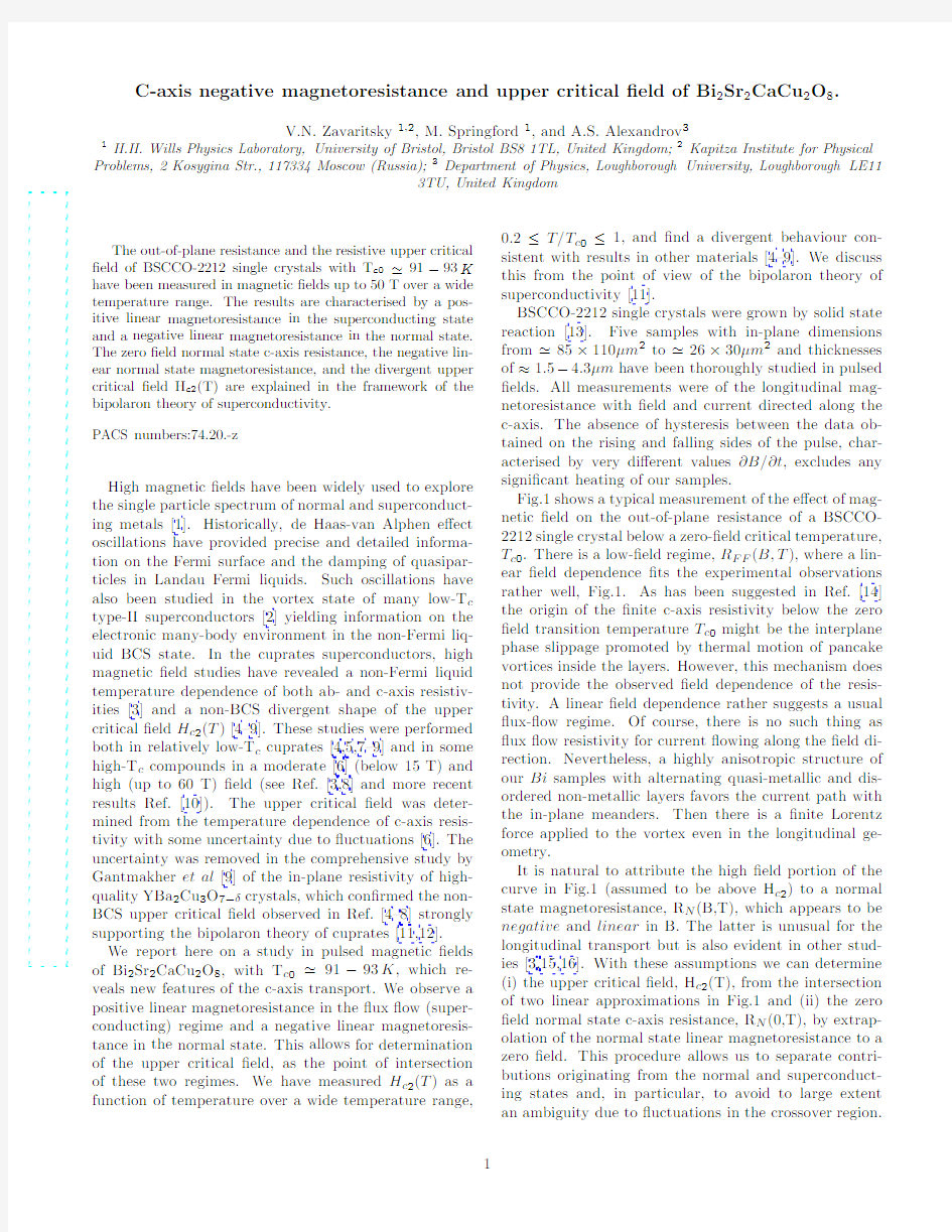 C-axis negative magnetoresistance and upper critical field of Bi2Sr2CaCu2O8