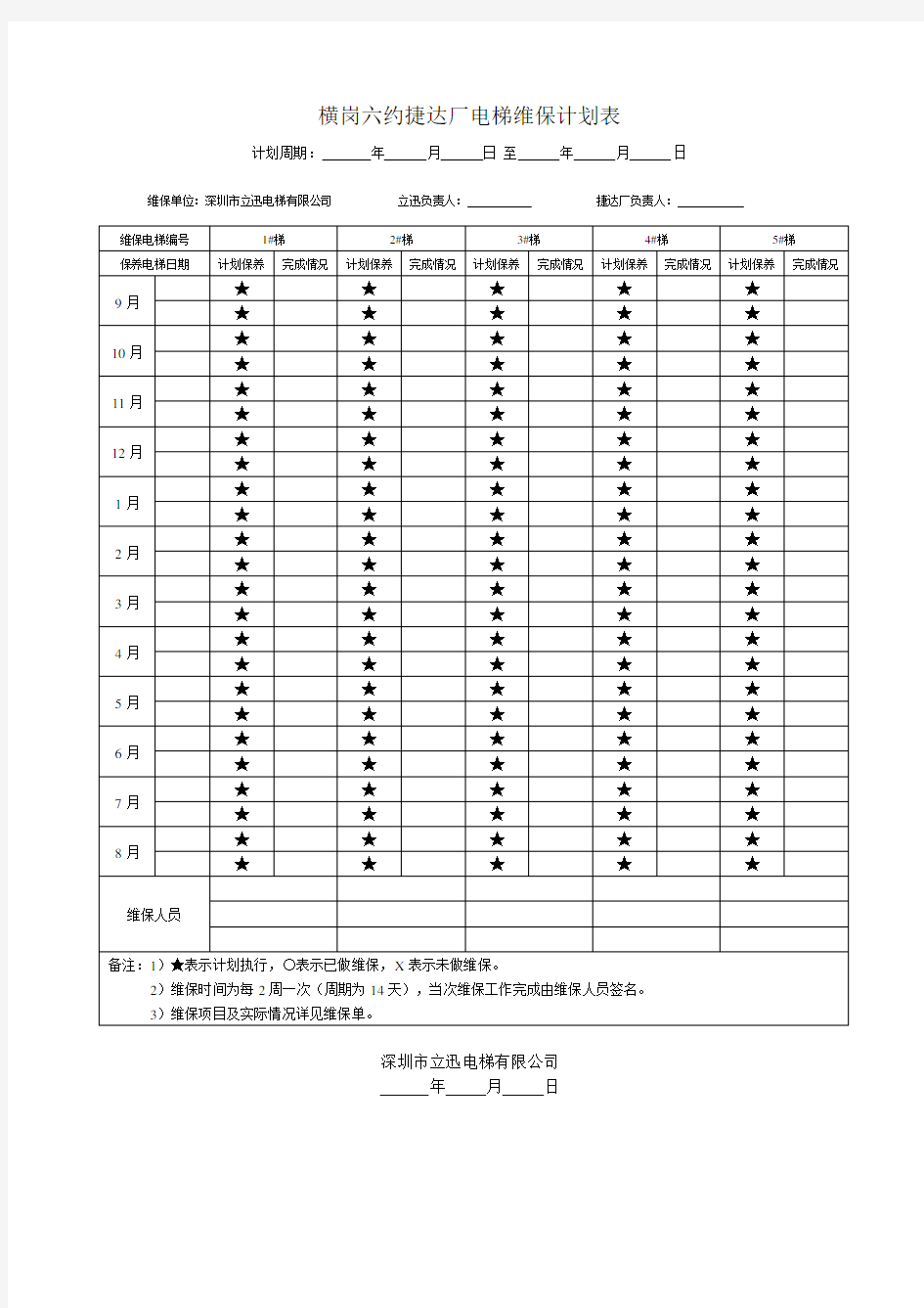 电梯维保计划表