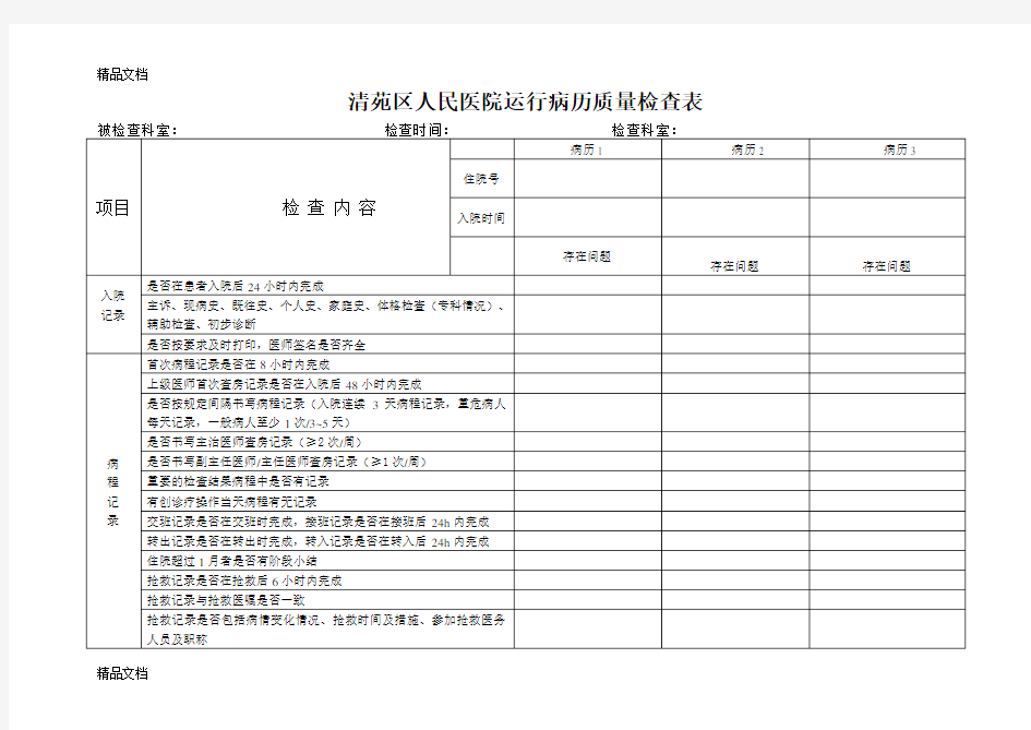 最新医院运行病历质量检查表