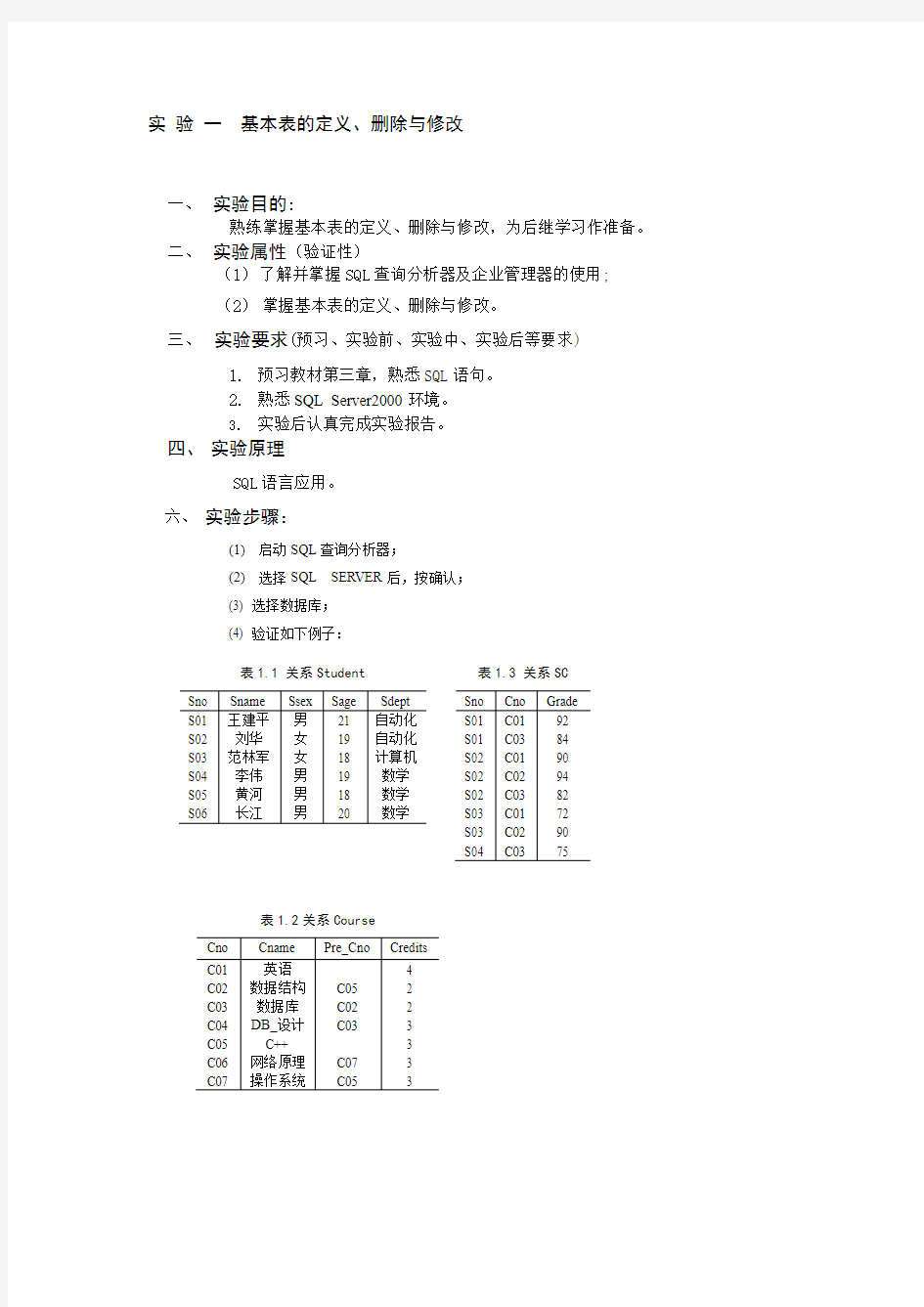 一基本表的定义、删除与修改.doc