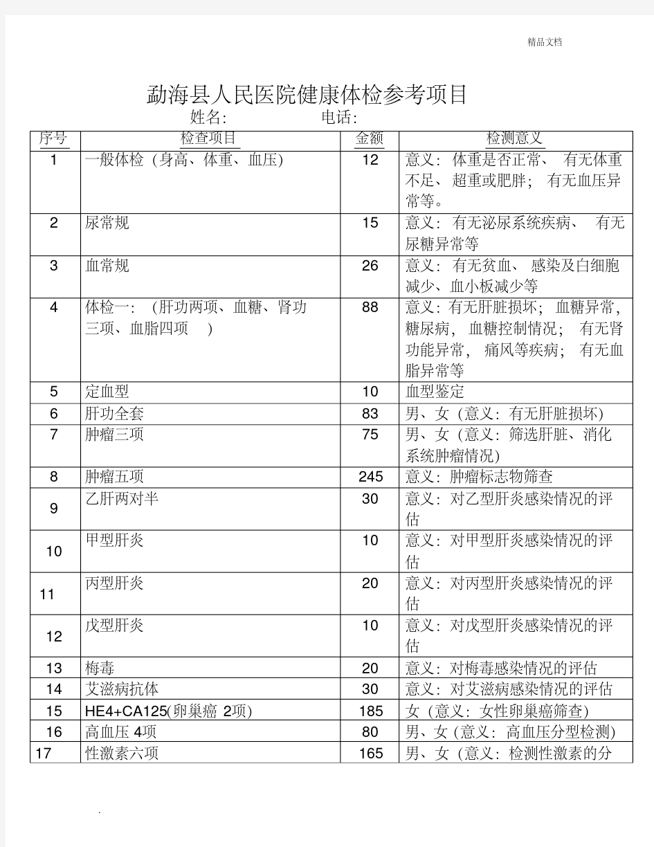 人民医院健康体检参考项目